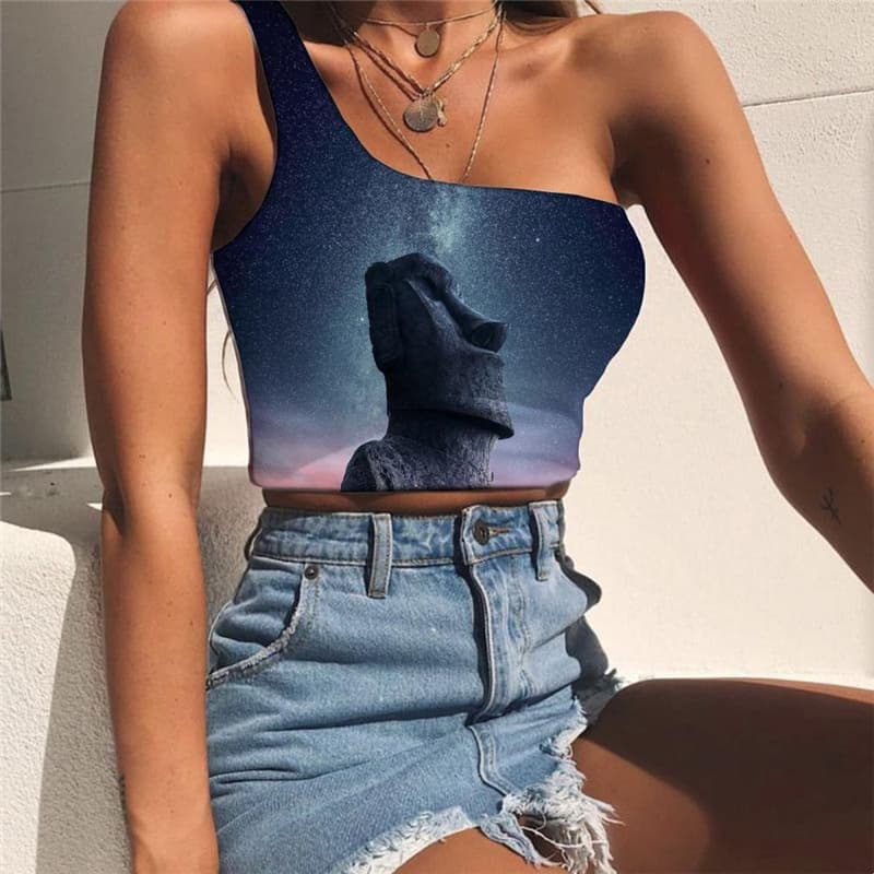 Galaxy Vest Tops Women Space One Shoulder Crop Universe Sleeveless Shirt Art Midriff T shirt