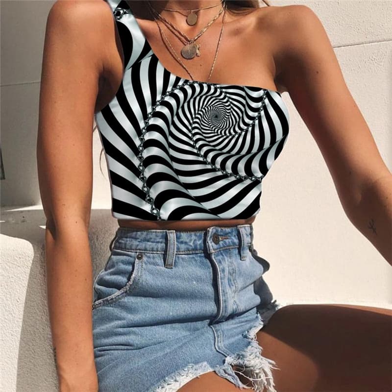 Dizziness Vest Tops Women Black And White Tees Graphic Abstract Midriff T shirt Psychedelic One Shoulder Crop