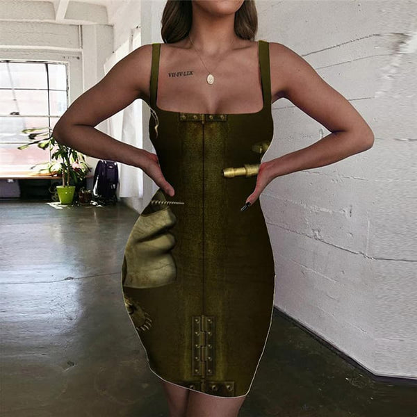 Metal Dress Women Engine Bodycon Dress Gear Vestido Sexy  3d Print Punk Rock Ladies Dresses