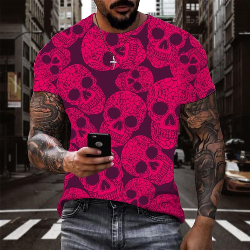 Skull T shirt Men Rose Red Tshirt Printed Skeleton Anime Clothes Hip Hop T-shirts 3d