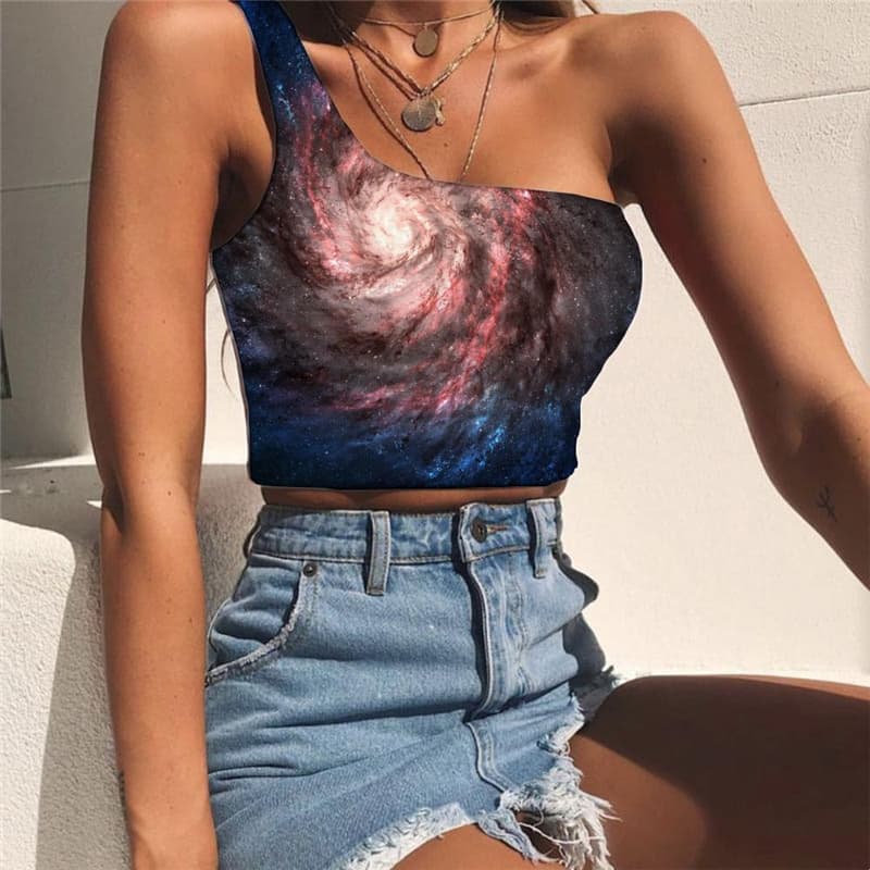 Galaxy Vest Tops Women Space One Shoulder Crop Universe Sleeveless Shirt Nebula Tees Graphic Dizziness Midriff T shirt