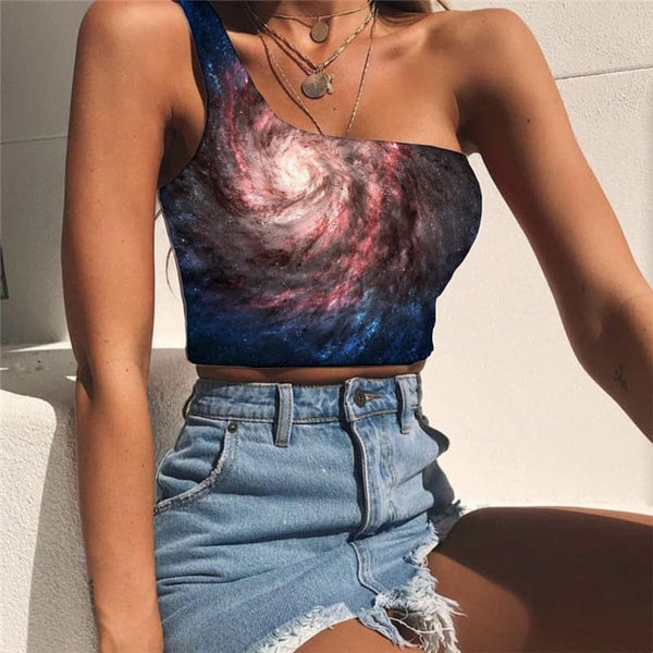 Galaxy Vest Tops Women Space One Shoulder Crop Universe Sleeveless Shirt Nebula Tees Graphic Dizziness Midriff T shirt