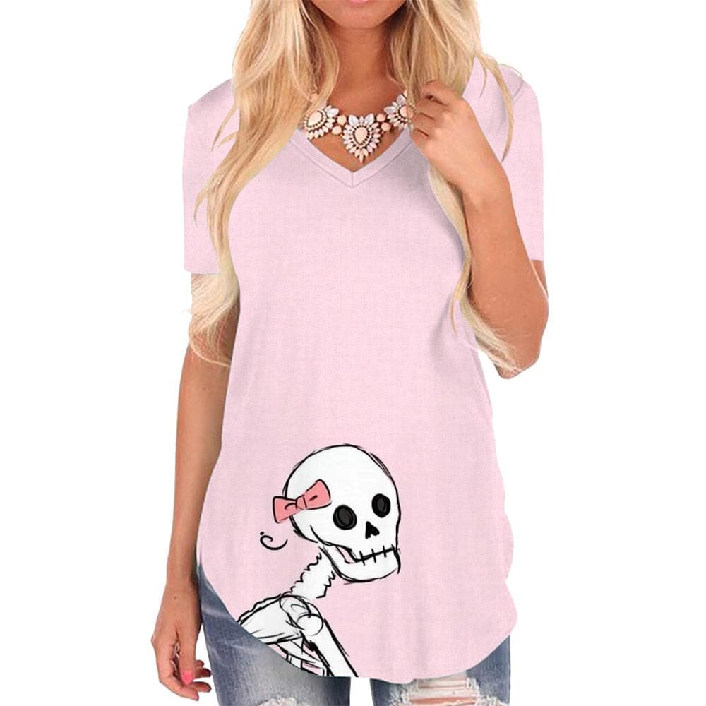Skull T Shirt Women Skeleton V-neck Tshirt Lovely Tshirts Printed Pink Shirt Print