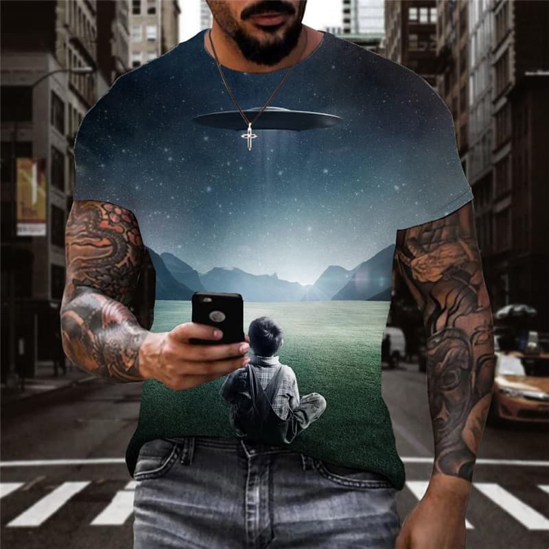 Galaxy T shirt Men Ufo Tshirts Casual Landscape Funny T shirts Mountain Tshirt Printed