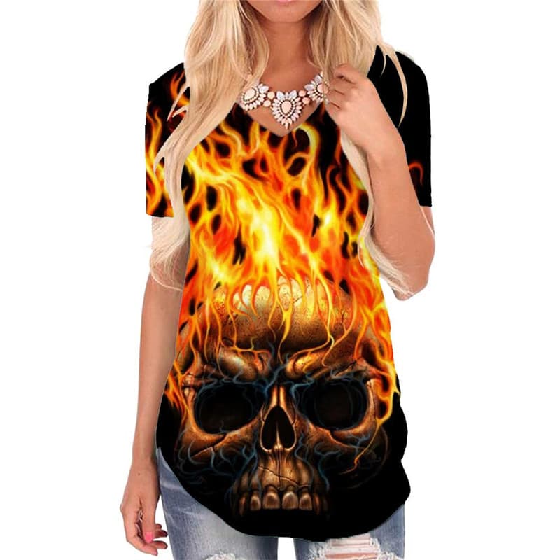 Skull T-shirt women Punk V-neck Tshirt Flame Tshirts Printed Black Funny T shirts