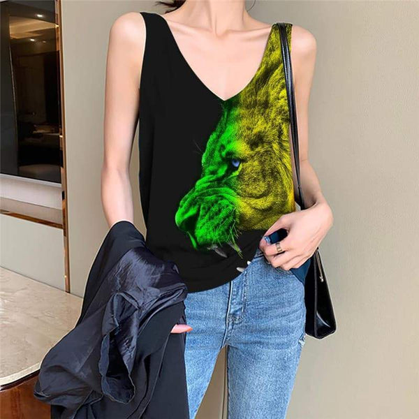 Lion Tank Top Women Animal Sleeveless 3d Anime Vest Print Flame Funny Top Harajuku Tank Tops Casual - KYKU