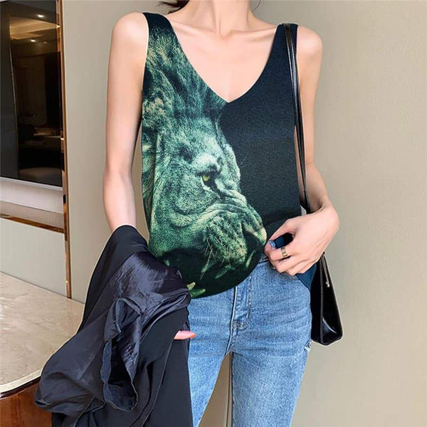 Lion Tank Top Women Animal Funny Top Anime Anime Clothes Green Vest Print Ferocious Sleeveless 3d - KYKU