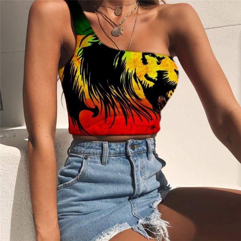 Lion Tank Tops Women Animal Tees Graphic Anime One Shoulder Crop Colorful Sleeveless Shirt Street Midriff T shirt - KYKU