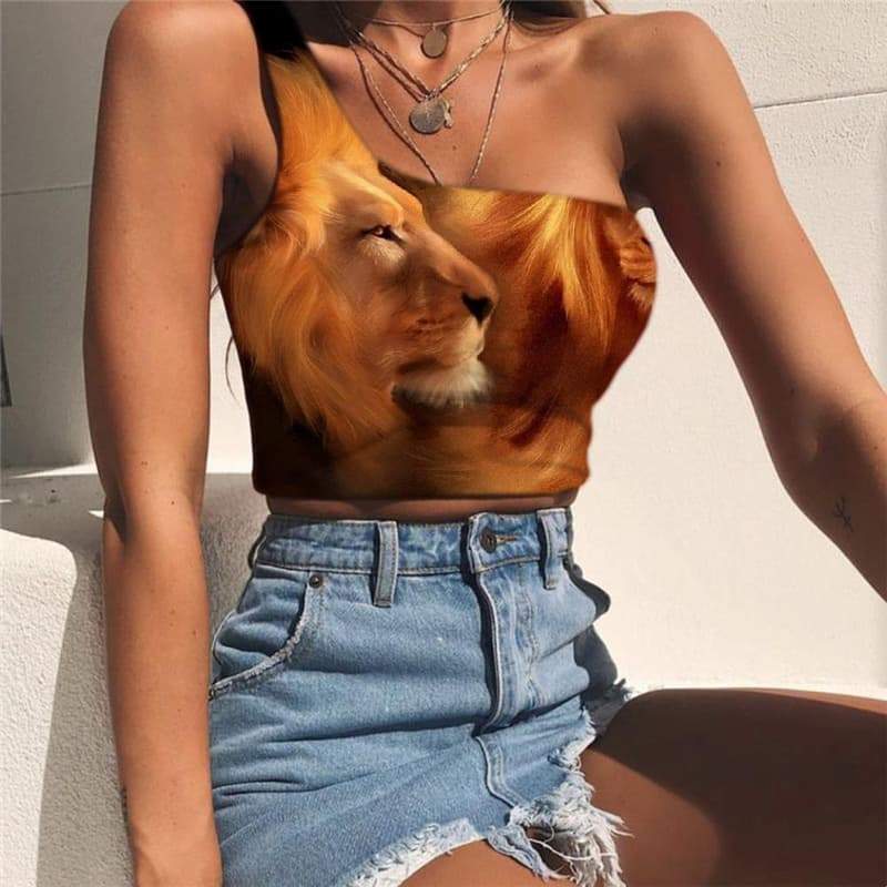 Lion Tank Tops Women Animal Sleeveless Shirt Anime Tees Graphic Love Midriff T shirt Nebula One Shoulder Crop - KYKU