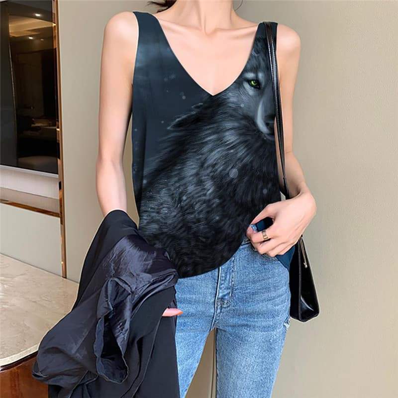 Wolf Tank-Top women Animal Tank Tops Casual Anime Funny Top Moon Vest Print - KYKU