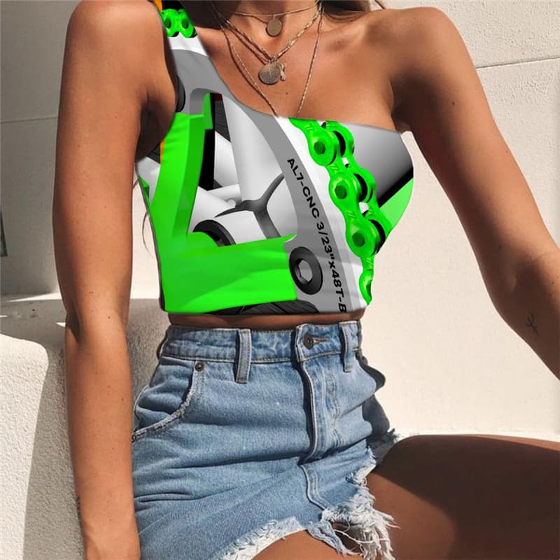 Metal Vest Tops Women Engine Sleeveless Shirt Gear One Shoulder Crop Street Midriff T shirt