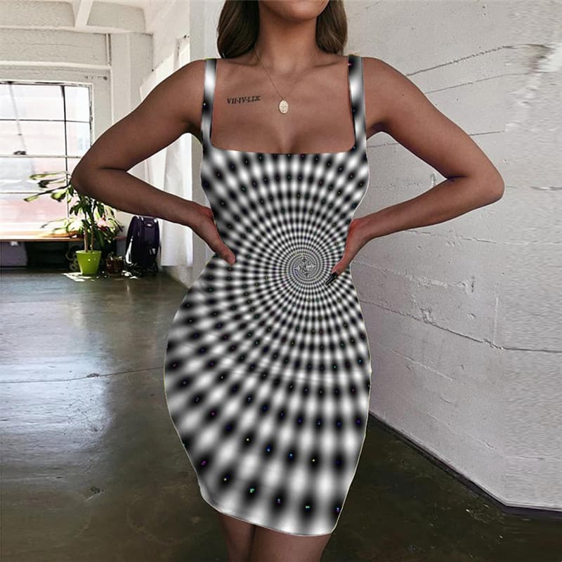 Dizziness Dresses Women Black And White Bodycon Dress Harajuku Halter Sleeveless Psychedelic 3d Print