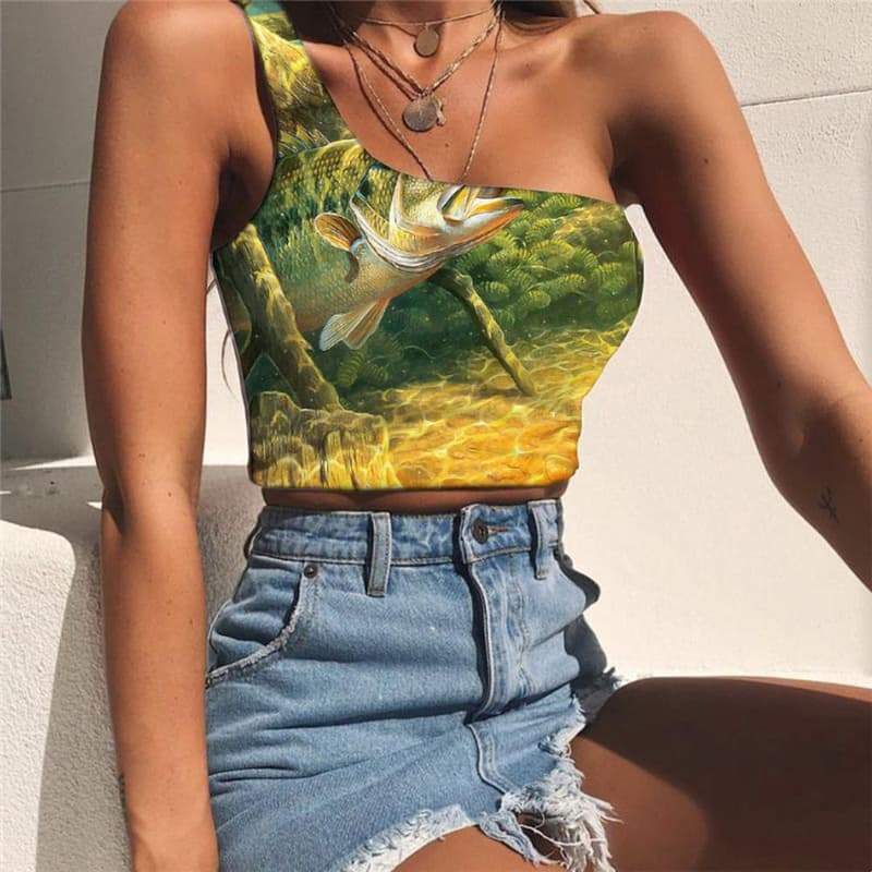 Fish Tank Tops Women Animal Tees Graphic Ocean One Shoulder Crop Fishing Midriff T shirt - KYKU