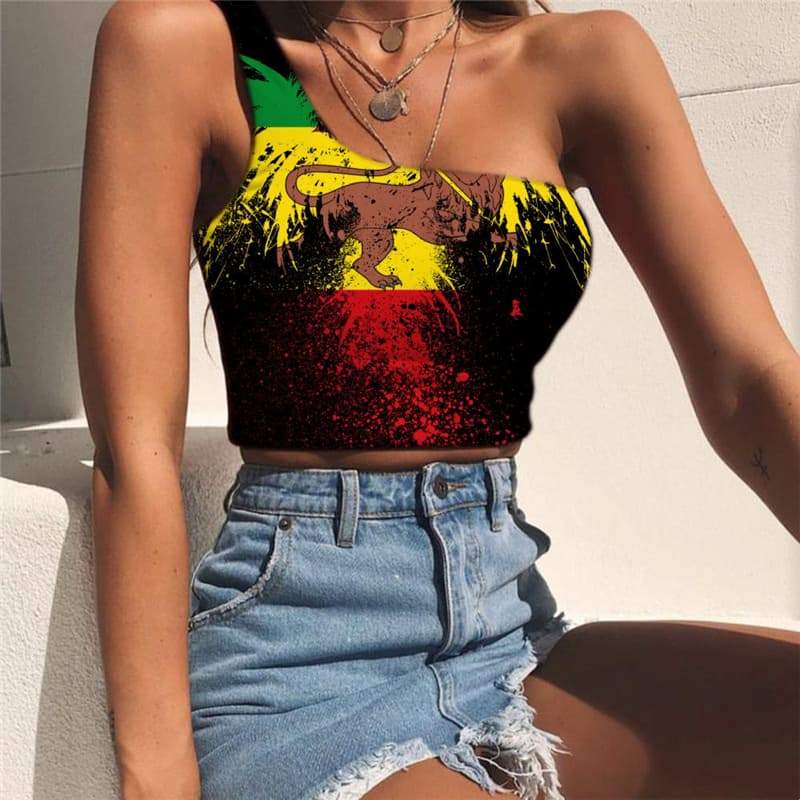 Lion Vest Tops Women Animal One Shoulder Crop Anime Tees Graphic Rock Sleeveless Shirt Colorful Midriff T shirt - KYKU