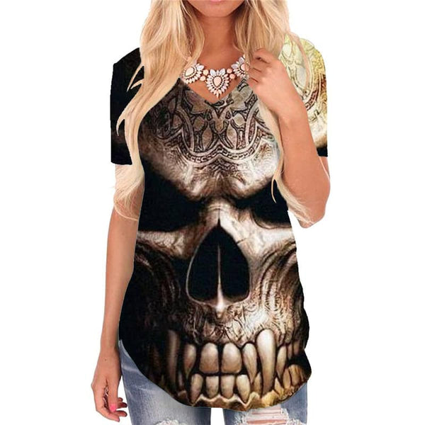 Skull T Shirt Women Punk V-neck Tshirt Skull T-shirts 3d Tattoo Shirt Print