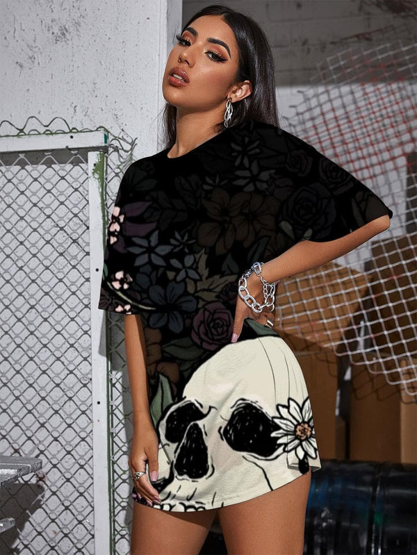 
Skull T-shirt Women Flower Punk Rock Colorful Tshirt Printed Graffiti T-shirts 3d
                