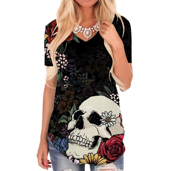 Skull T Shirt Women Flower Shirt Print Colorful T-shirts 3d Graffiti V-neck Tshirt
