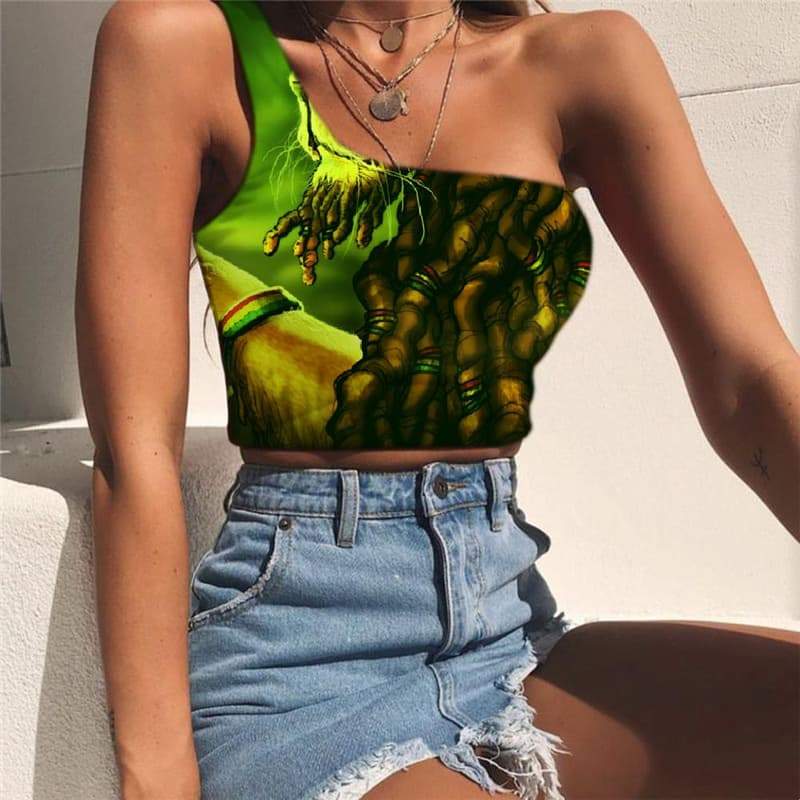 Lion Tank Tops Women Animal Tees Graphic Anime Sleeveless Shirt Graffiti Midriff T shirt Harajuku One Shoulder Crop - KYKU