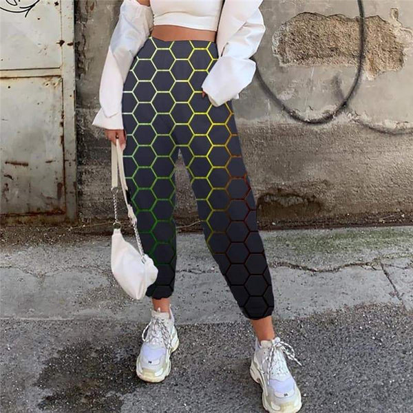 Geometric Pants Women Psychedelic Casual Pant Vortex High Waist Pants Honeycomb Trouser Square 3d Printed - KYKU