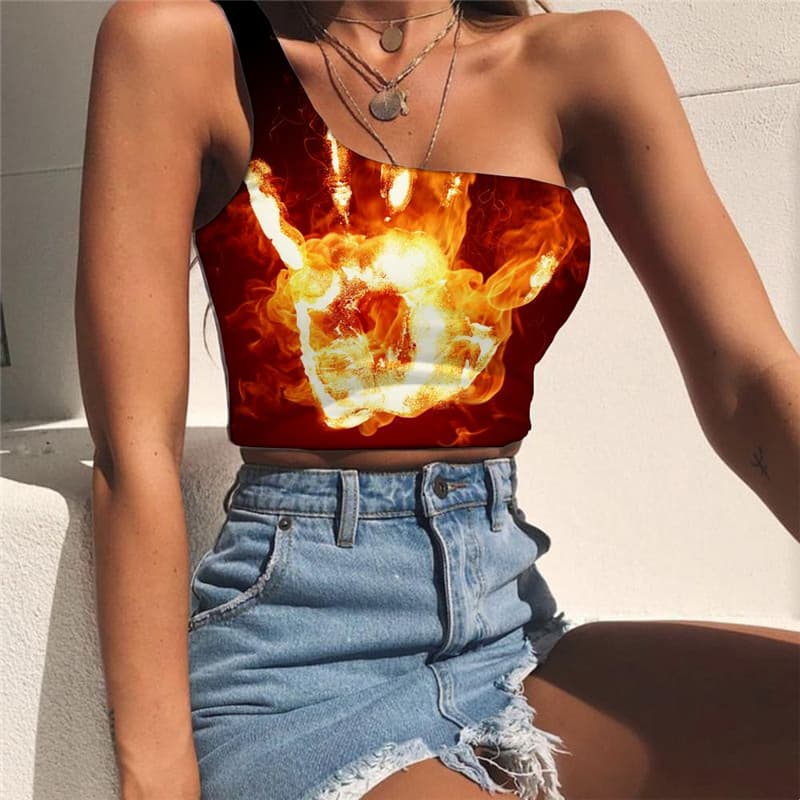 Flame Vest Tops Women Hand One Shoulder Crop Party Midriff T shirt