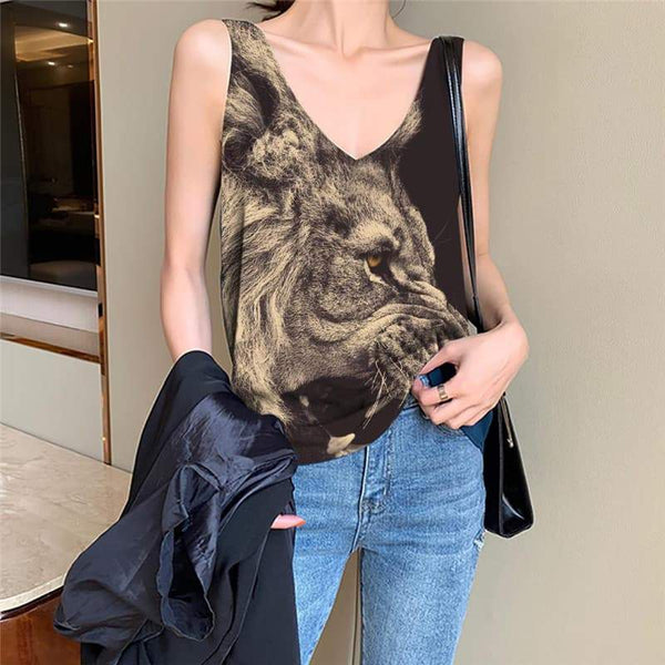 Lion Tank Top Women Animal Tank Tops Casual Anime Sleeveless 3d Harajuku Vest Printed Ferocious Anime Clothes - KYKU