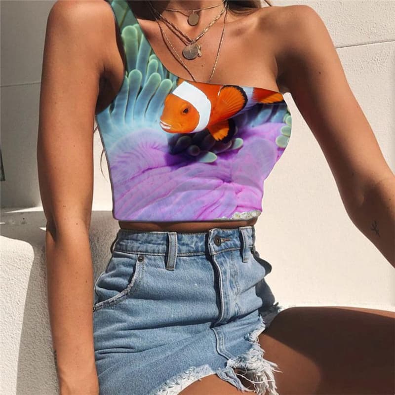 Fish Vest Tops Women Colorful Sleeveless Shirt Animal Tees Graphic Tropical Midriff T shirt Graffiti One Shoulder Crop