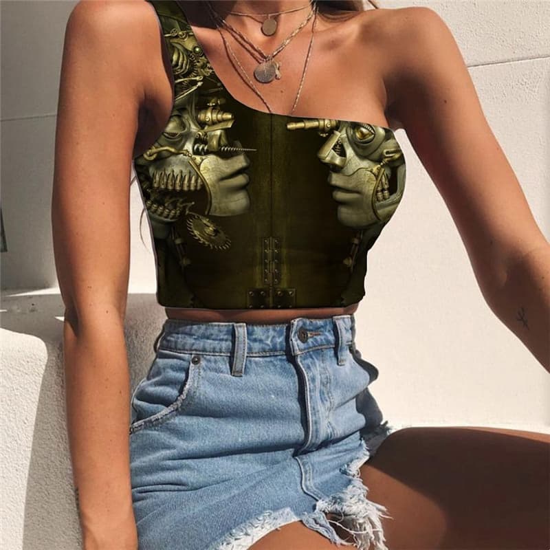 Metal Tank Tops Women Engine Tees Graphic Gear Sleeveless Shirt  Midriff T shirt Punk Rock One Shoulder Crop