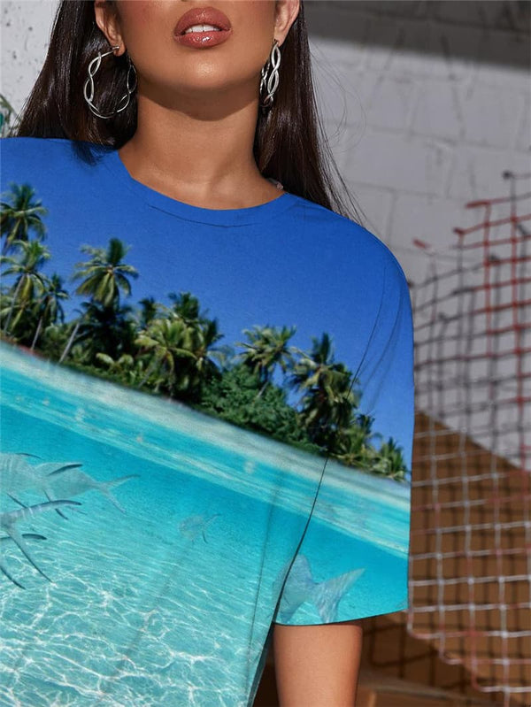 
Fish T Shirt Women Animal Gothic Ocean Punk Rock Coconut Tree Shirt Print
                