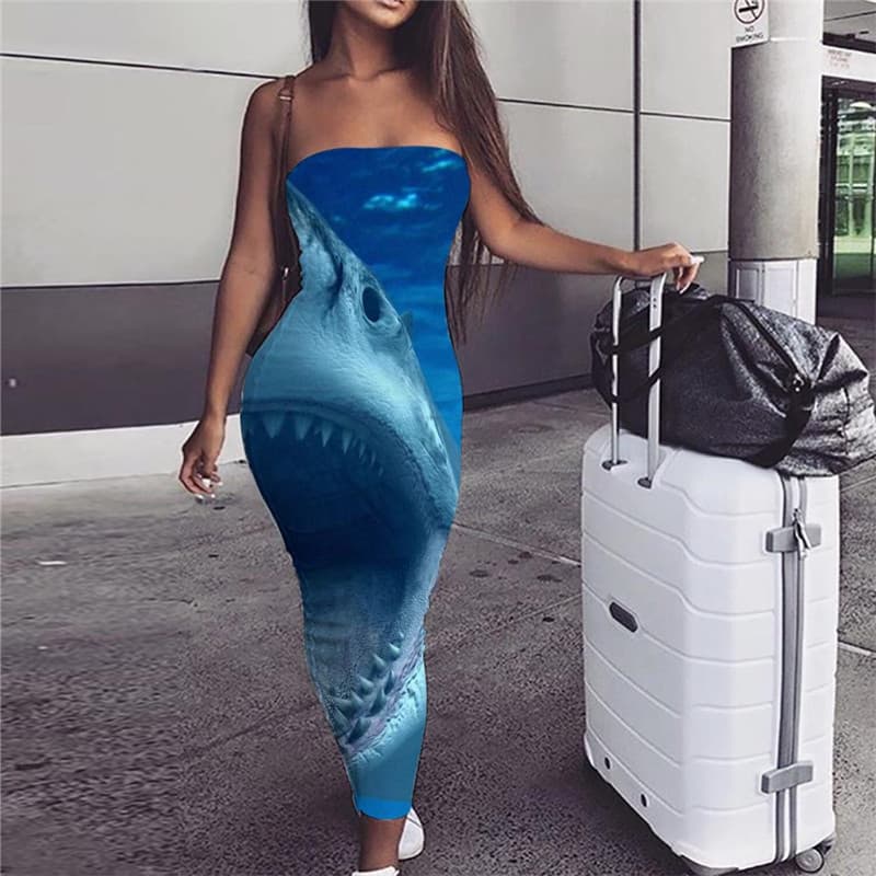 Shark Dress Women Animal sleeveless Blue Boho Gothic Party Angry Ladies Dresses