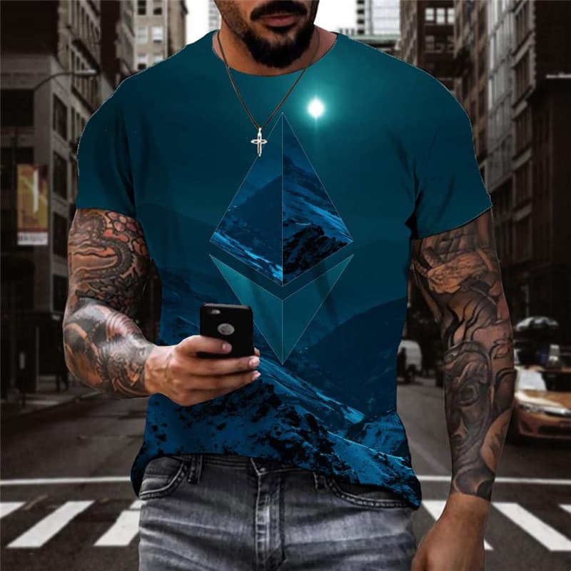 Ethereum T-shirt Men Art Tshirt Printed Landscape Shirt Print Mountain Anime Clothes