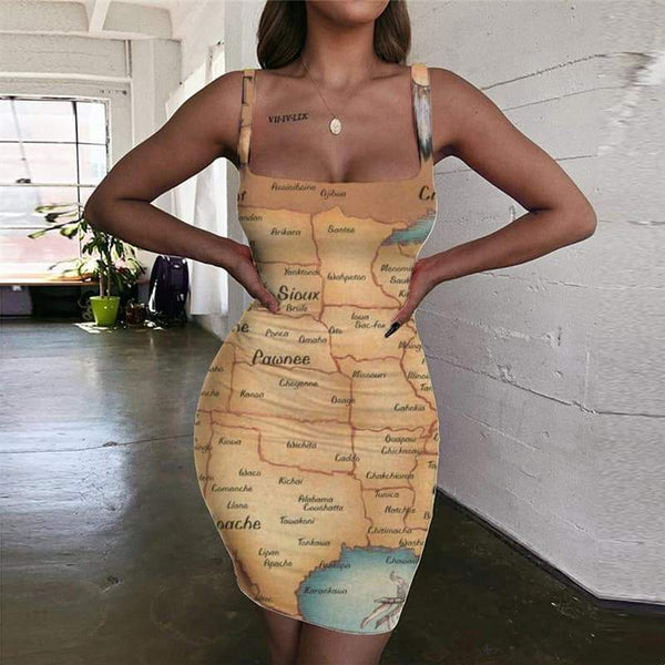 Indios Dress Women Map Vestido Sexy Animal Halter Sleeveless  Ladies Dresses Fishinger 3d Print - KYKU
