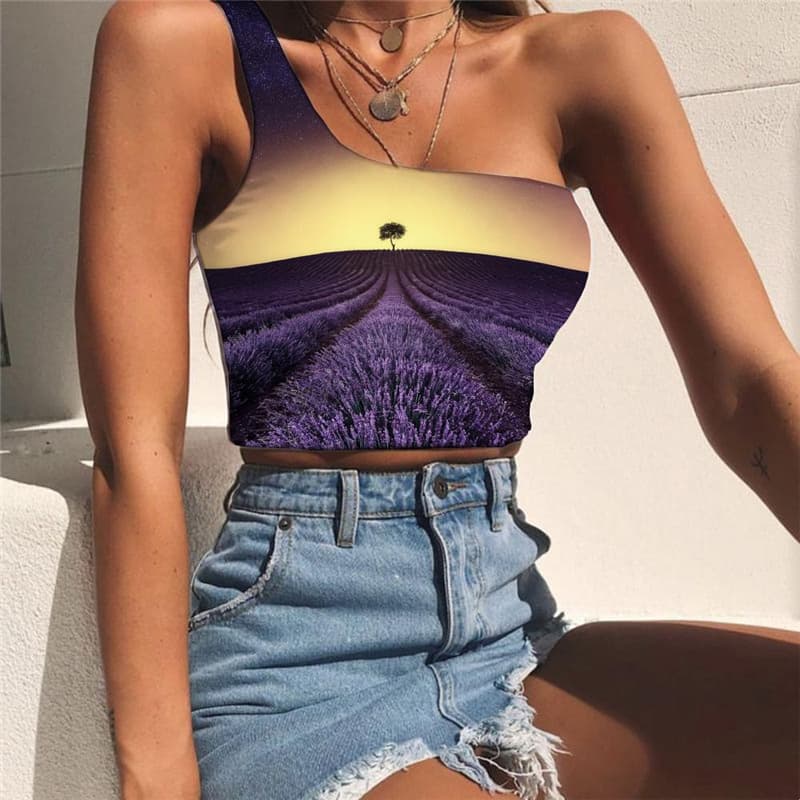 Galaxy Vest Tops Women Space Tees Graphic Universe Sleeveless Shirt Purple Midriff T shirt Landscape One Shoulder Crop
