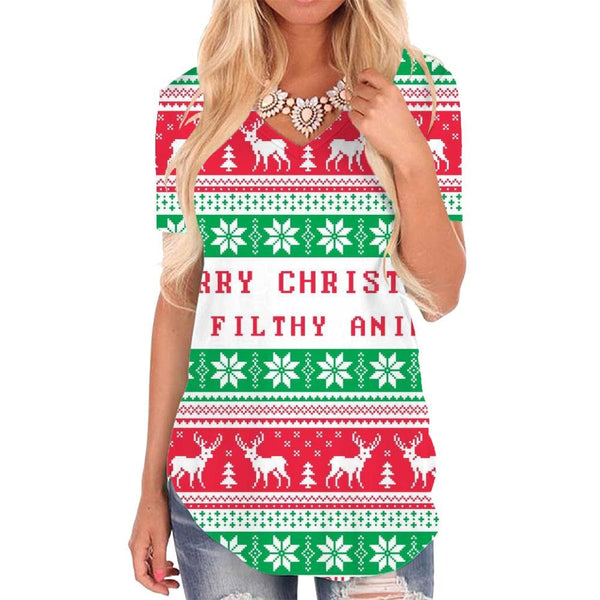 Christmas T-shirt women New Year Shirt Print Animal Funny T shirts Deer V-neck Tshirt