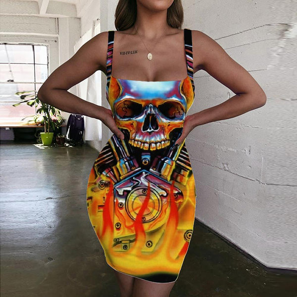 Skull Dress Women Punk Ladies Dresses Flame Bodycon Dress Motorcycle Sundress - KYKU