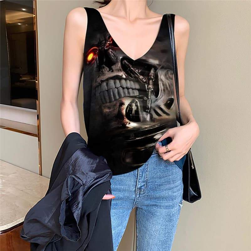 Skull Tank-Top women Punk Sleeveless 3d metal Tank Tops Casual Womens Clothing - KYKU