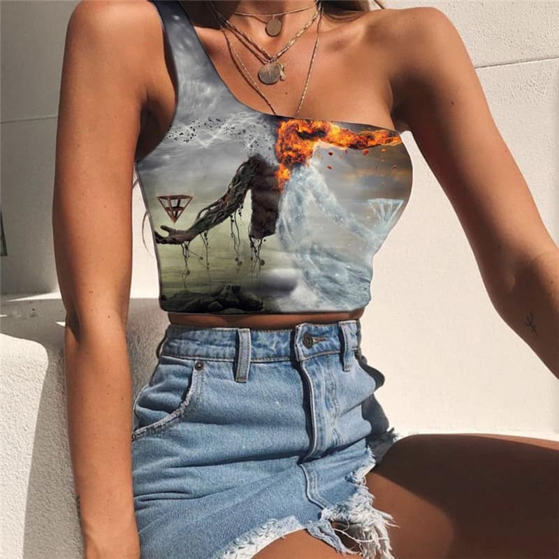 Flame Tank Tops Women Tornado Midriff T shirt Party One Shoulder Crop