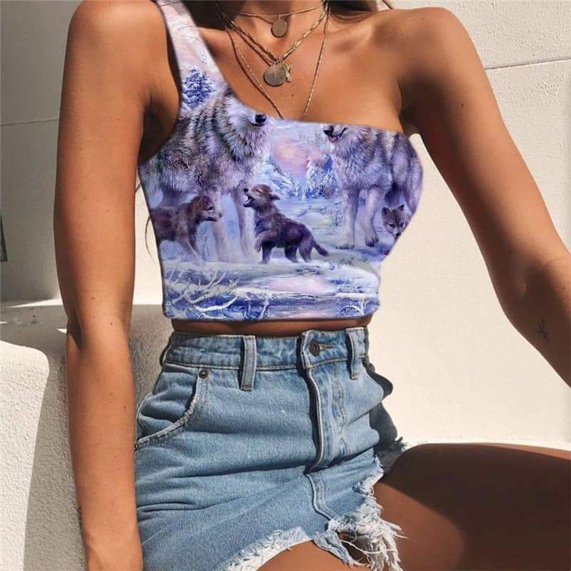 Wolf Vest Tops Women Animal One Shoulder Crop Anime Midriff T shirt Love Sleeveless Shirt Family Tees Graphic - KYKU