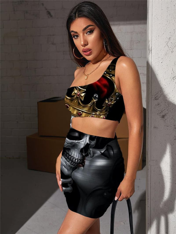 
Skull Dresses Women Skeleton Vestido Sexy Crown Halter Sleeveless Hip Hop Hollow out Dresses
                