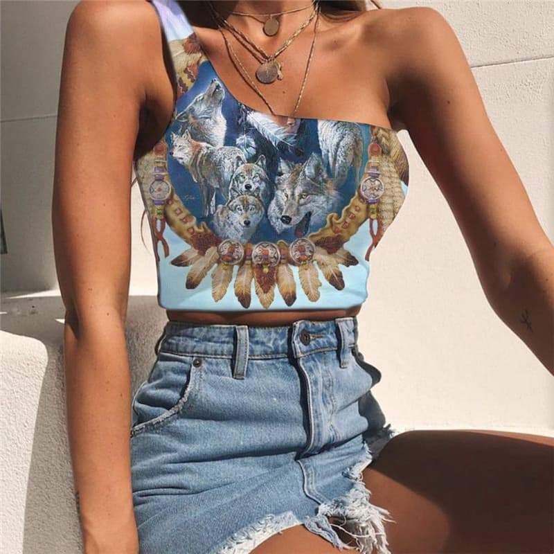 Indios Vest Tops Women Wolf Midriff T shirt Animal Tees Graphic Lovely Sleeveless Shirt - KYKU