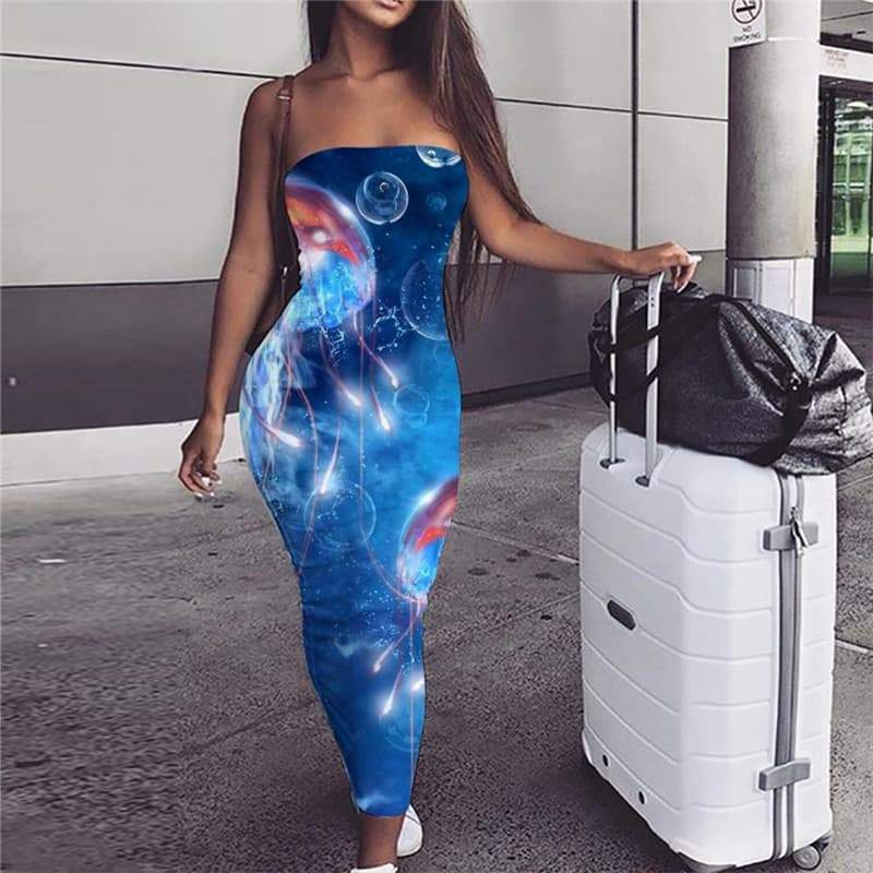 Ocean Dress Women Jellyfish Sundress Fluorescence Party Blue 3d Print - KYKU