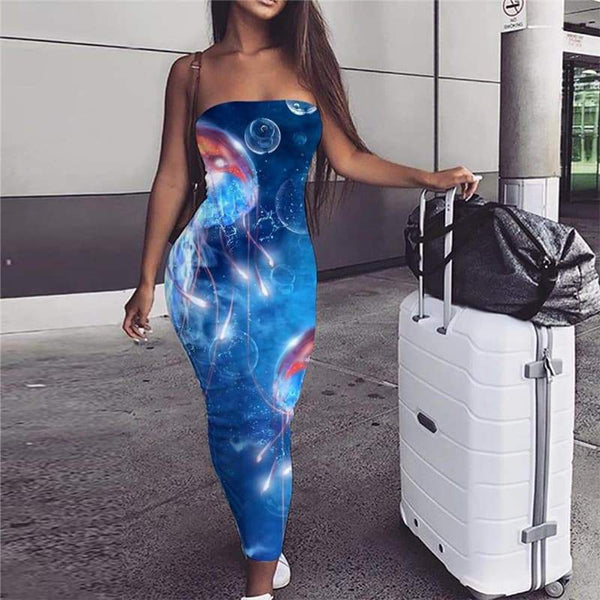 Ocean Dress Women Jellyfish Sundress Fluorescence Party Blue 3d Print - KYKU