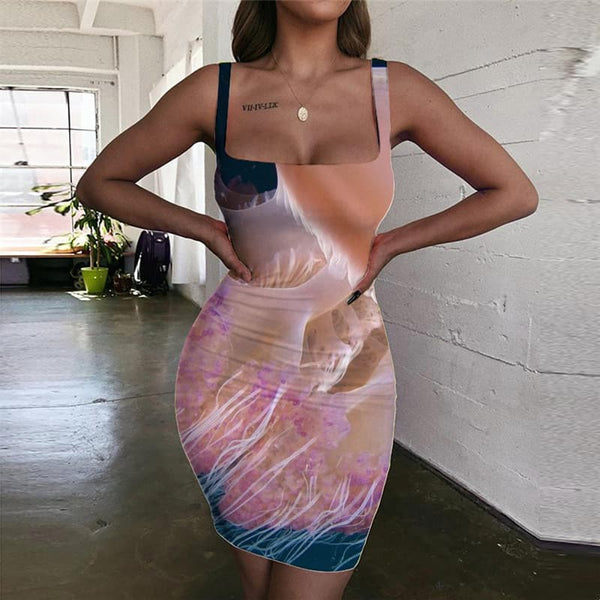 Jellyfish Dresses Women Harajuku Ladies Dresses Colorful Vestido Sexy Ocean Bodycon Dress