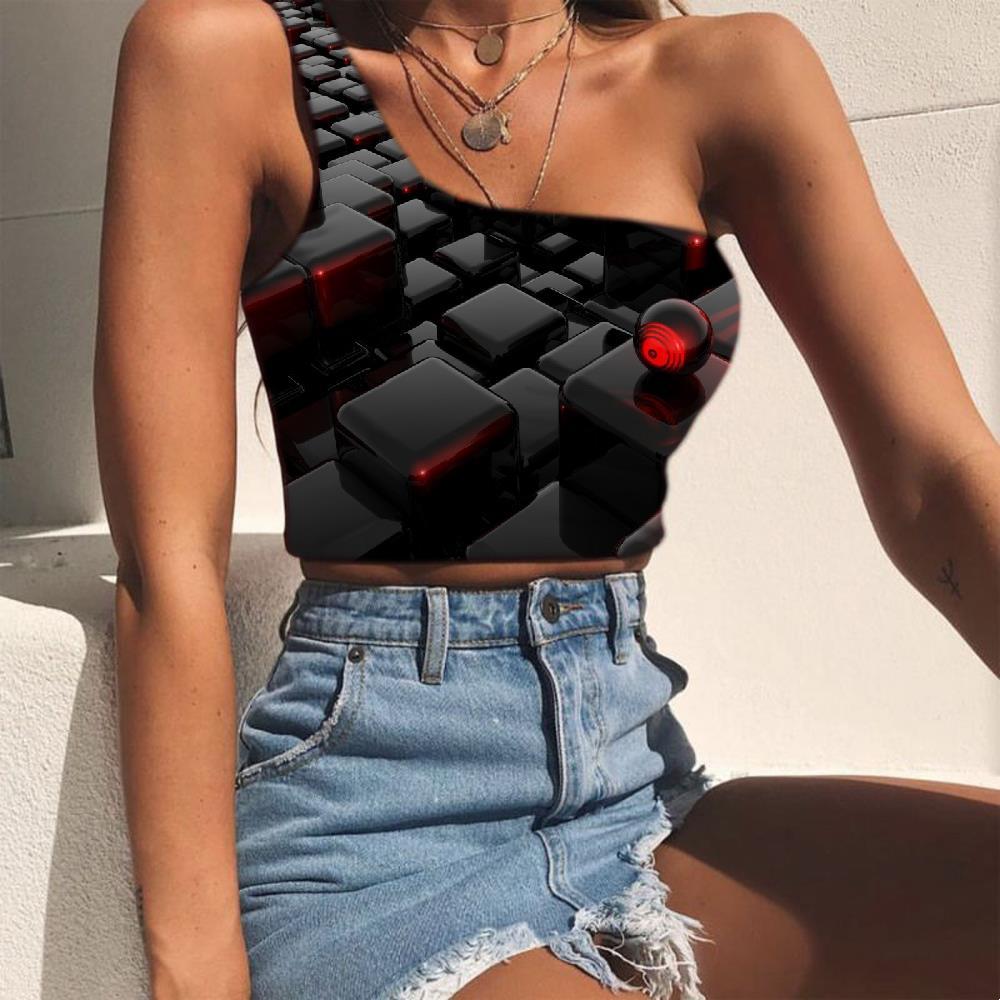 Geometric Vest Tops Women Psychedelic One Shoulder Crop Vortex Tees Graphic Stereoscopic Midriff T shirt - KYKU