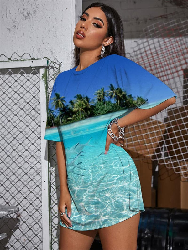 
Fish T Shirt Women Animal Gothic Ocean Punk Rock Coconut Tree Shirt Print
                