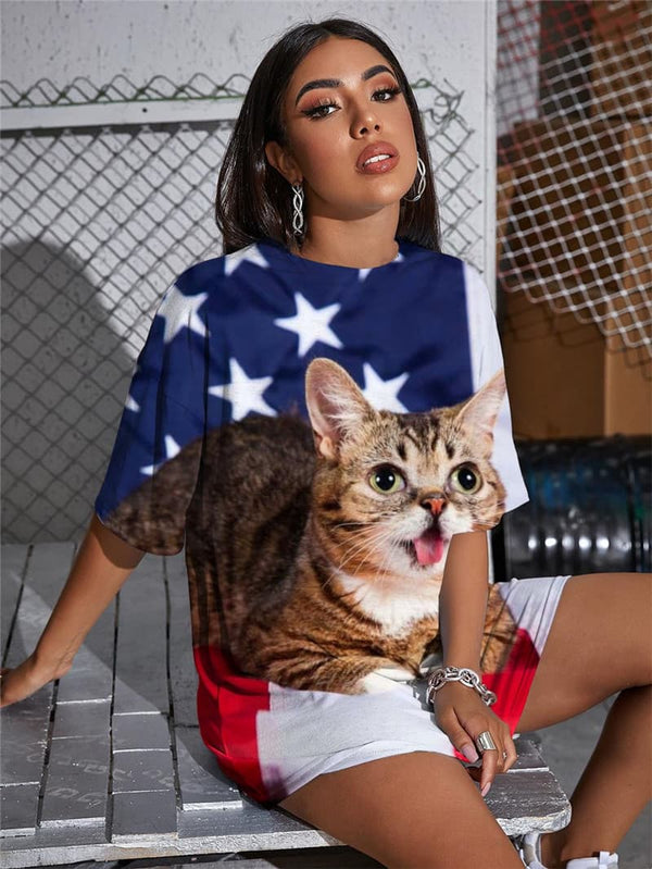
Cat T-shirt Women Animal T-shirts 3d National Flag Tshirt Printed United States Summer
                