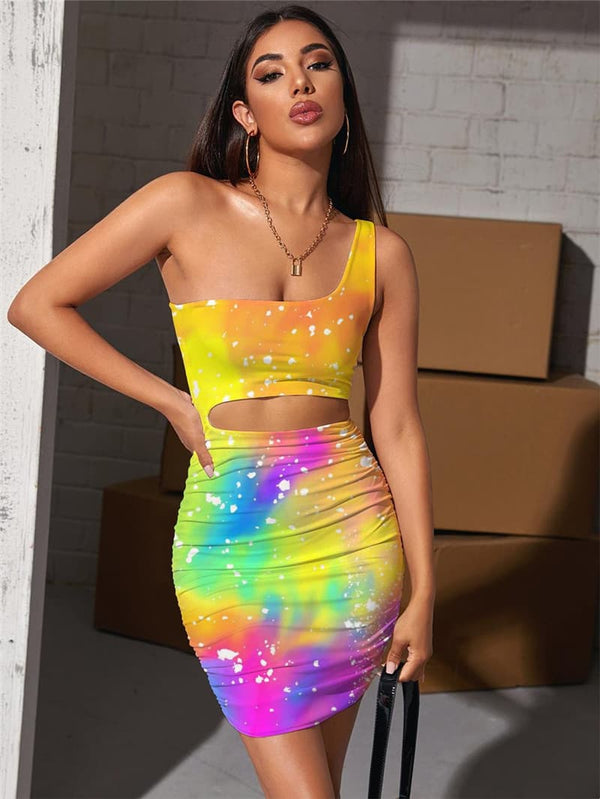 Tie Dye Dress Women Gradient Hollow out Dresses Colorful 3d Print Harajuku Pleating