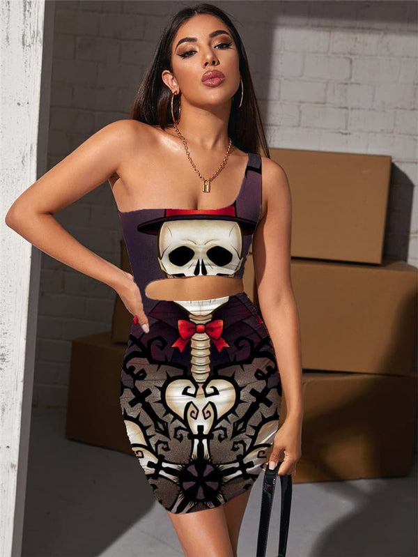 Skull Dresses Women Skeleton 3d Print Hip Hop Halter Sleeveless Punk Bodycon Dress Rock Vestido Sexy