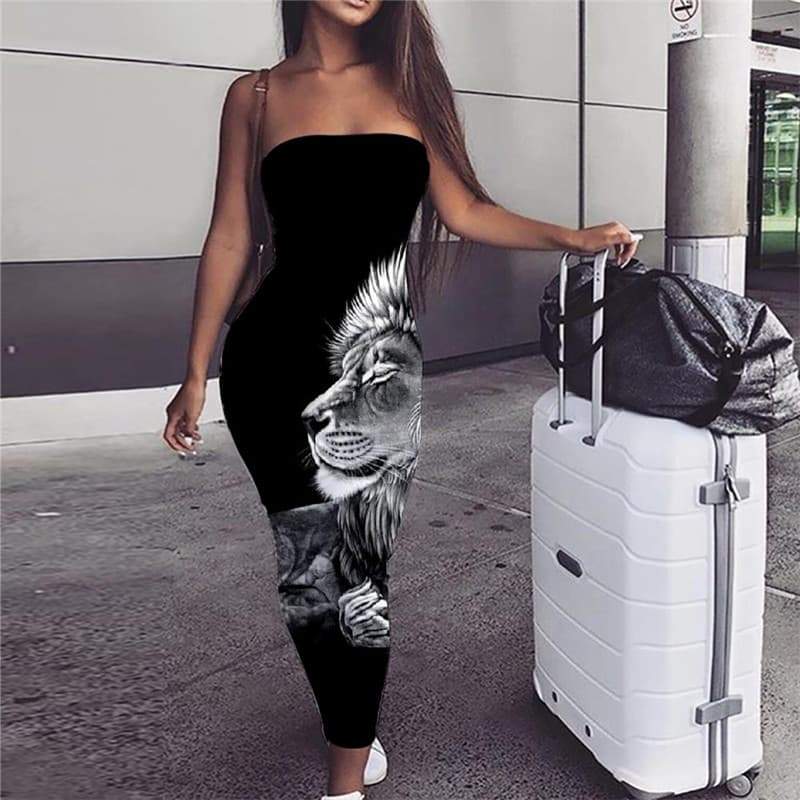 Lion Dress Women Animal Boho Anime 3d Print Hilarious Sundress Black Party - KYKU