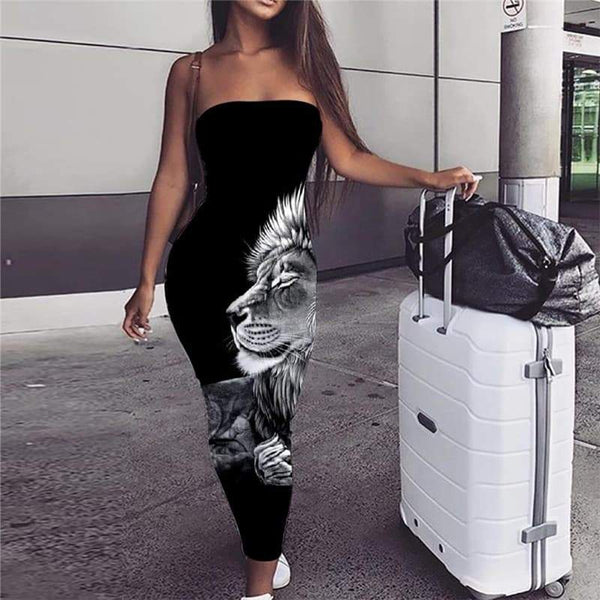 Lion Dress Women Animal Boho Anime 3d Print Hilarious Sundress Black Party - KYKU