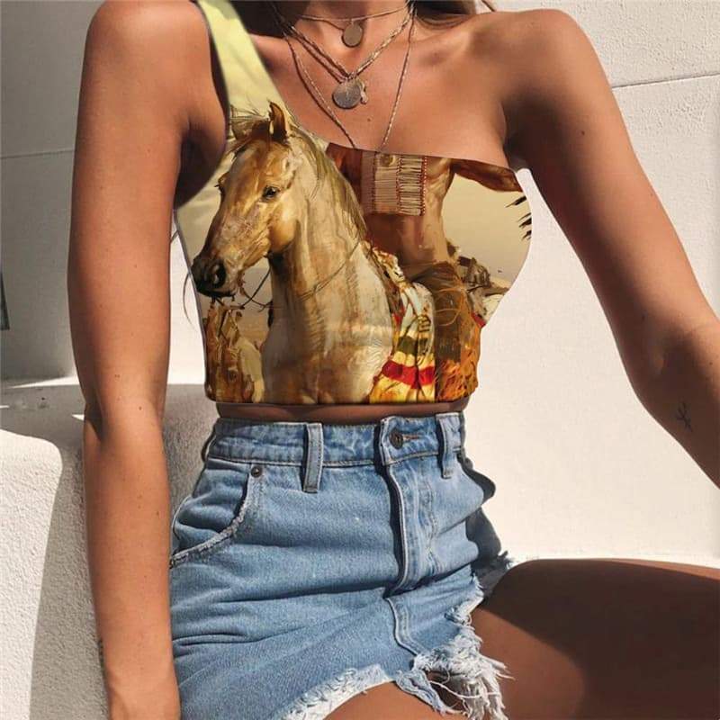 Indios Tank Tops Women Horse One Shoulder Crop War Midriff T shirt - KYKU